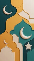 Abstract 3D Islamic paper art vertical background featuring mosque silhouettes and crescent moon