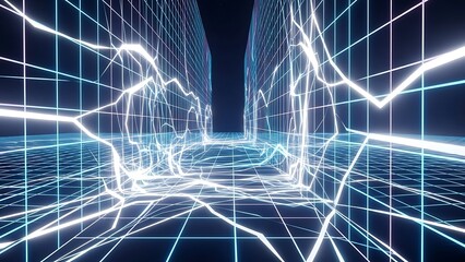 Abstract neon grid tunnel with glowing blue light trails