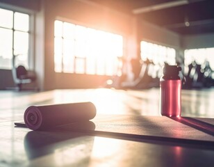 Yoga mat and water bottle in a sunlit gym, ready for a workout session