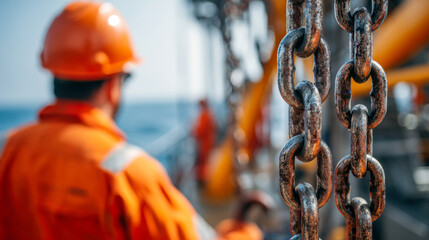 Rusty industrial metal chains hanging on offshore platform with blurred workers in orange protective workwear and safety helmets in background