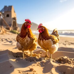 Two chickens on a sandy beach at sunrise