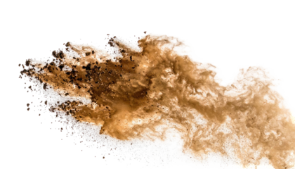Abstract explosion of light brown and white dust against a stark black backdrop