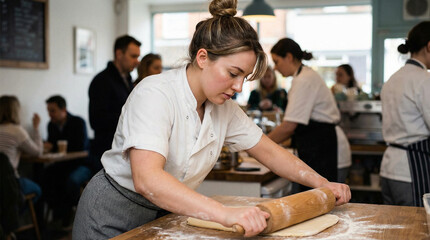 Woman rolling dough while baking in a busy kitchen café  