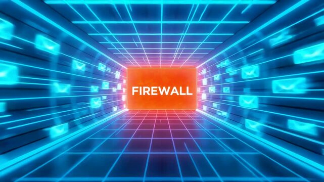 Red firewall block positioned inside a glowing blue digital network tunnel with message icons