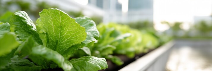 Row of green lettuce plants in a planter