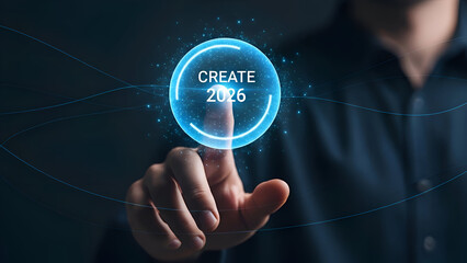 2026 Digital Vision: Hand Touching Futuristic Interface - Business Technology Future