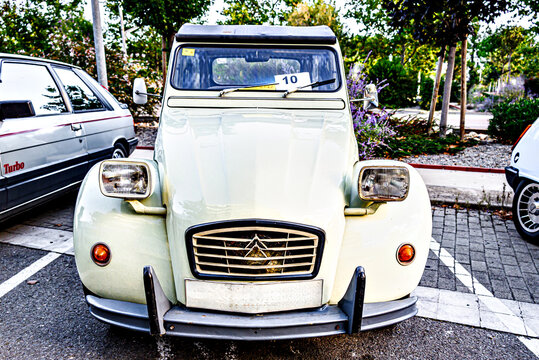 Igualada, Barcelona, ​​Spain; May 10, 2025: A classic Citro&euml;n 2CV6 on display along the roadside.	