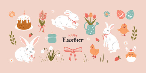 Cute vintage hand-drawn Easter vector set. Vector design.