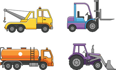 Industrial vehicle illustration set including tow truck forklift tanker truck tractor isolated on white background colorful vector design icons collection