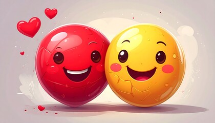 Two happy cartoon spheres, red and yellow, close together
