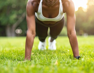 Woman performing a plank exercise outdoors in a park during golden hour