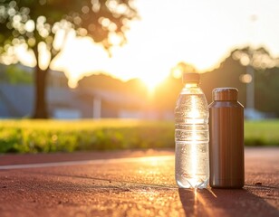 Two reusable water bottles on a running track at sunrise, promoting hydration