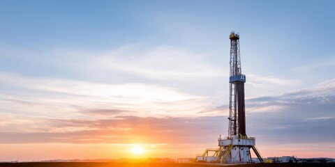 Obraz premium Large oil rig is standing in a field with a beautiful sunset in the background