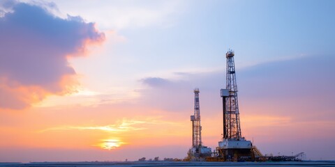Obraz premium Two drilling rigs are on a beach at sunset