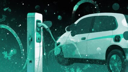 Electric vehicle charging at station with futuristic background.