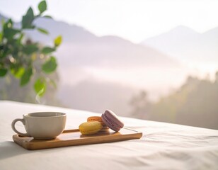 Steaming cup of coffee and colorful macarons on a wooden tray with mountain view