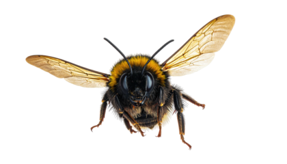 A close-up, front-facing view of a bumblebee in flight against a transparent background