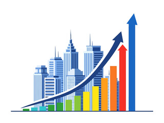 Urban Development and Financial Growth Concept with City Skyline and Upward Trend Bar Chart