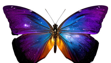 A vibrant butterfly with wings displaying a cosmic nebulae, set against a dark, contrasting backdrop