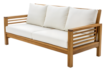 Modern Teak Wood Two-Seater Outdoor Sofa with White Cushions Minimalist Slatted Design Isolated on White Background Stock Photo