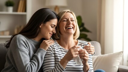 Two sisters laughing together while sitting on sofa, genuine connection, one consoling the other, neutral home environment, soft window light, documentary photography, emotional honesty, natural expre