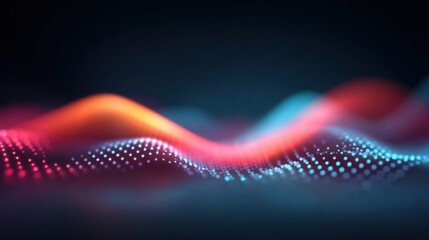 Abstract wave pattern with glowing colorful dots, vibrant red, blue, and orange light blending to create a dynamic visual representation of sound and movement
