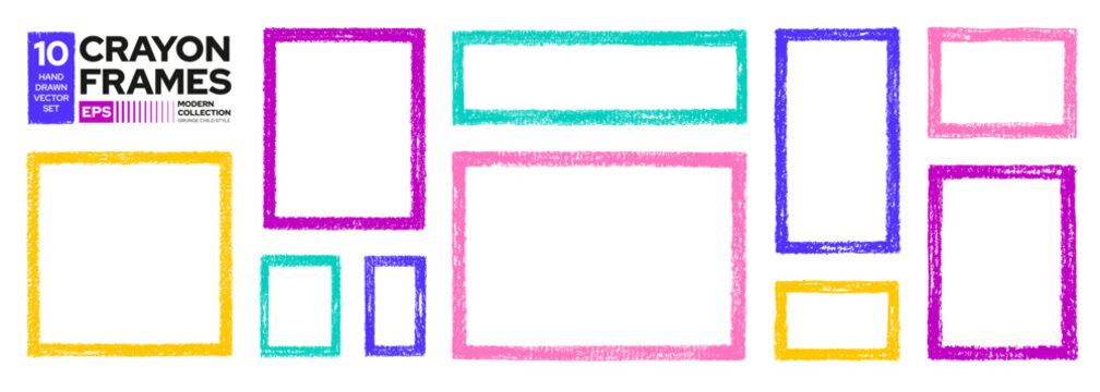 Crayon frame. Children hand drawn box. Square rectangle border. Crayon, pastel, pencil children frames pattern. Line text or photo doodle box set. Backdrop stamp drawing png. Irregular color shape bg