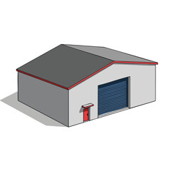 Isometric view of a gray building with a blue door, red trim, and a small red door