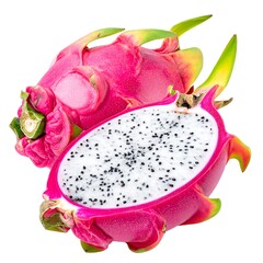 Two dragon fruit, one whole, one sliced in half, vibrant pink and white flesh