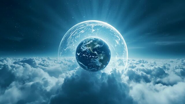 Glowing planet Earth enclosed inside a transparent sphere floating above thick white clouds