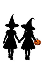 Two children in Halloween witch costumes, walking hand-in-hand