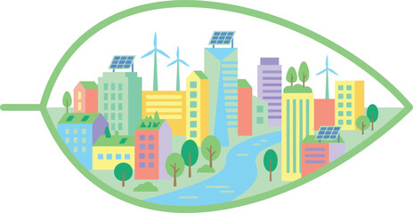 Eco friendly city skyline inside green leaf with solar panels wind turbines and river showing renewable energy urban architecture and sustainable nature lifestyle.