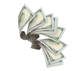 Flying hundred dollar banknotes, isolated on transparent cutout background