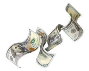 Flying hundred dollar banknotes, isolated on transparent cutout background