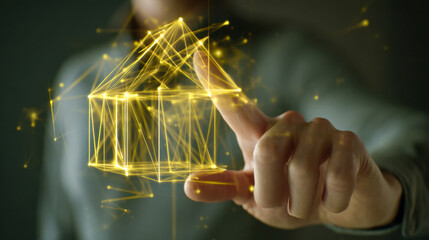 Person interacting with glowing yellow holographic house model symbolizing futuristic smart home technology and digital innovation in real estate industry