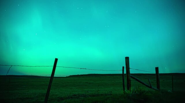 Northern Lights barbed wire fence green grass 
