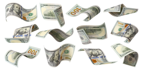 Set of flying 100 dollars banknotes, isolated on transparent cutout background