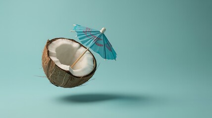 Fototapeta premium Refreshing tropical vibe: a halved coconut floating with a vibrant blue cocktail umbrella