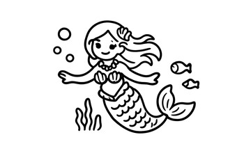 Obraz premium Cute cartoon mermaid swimming with fish and bubbles