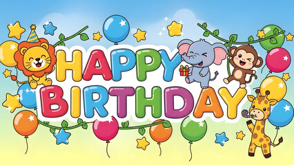 Adorable jungle safari animal characters celebrate a joyous occasion with bright colorful balloon letters spelling out happy birthday wishes