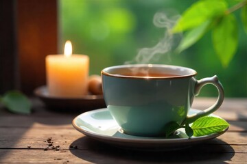 Fototapeta premium A steaming mug of herbal tea sits on a rustic wooden table beside a lit candle, creating a calming and peaceful atmosphere perfect for relaxation , wellness, hot drink, night