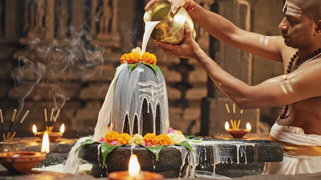 A hindu priest pours milk onto a shiva lingam during abhishekam, captured in a warm, dramatically lit close-up inside an ancient temple.