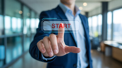 A professional businessman in a blue suit initiates a new project by pressing a futuristic holographic start button in a modern office environment und
