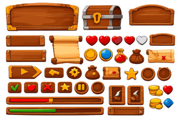 Collection of game interface elements on a warm background