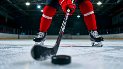 Close up of ice hockey player's legs and stick on rink ready to play game, professional training in stadium with bright lights and spectators in background, action sport concept
