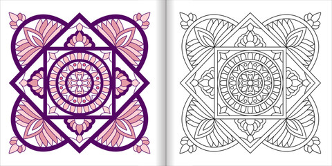 Coloring page and colored version of intricate mandala design with floral and geometric patterns, symmetrical square and diamond shapes