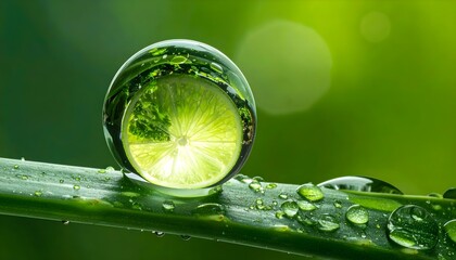 Macro water droplet on green leaf with lime slice reflection