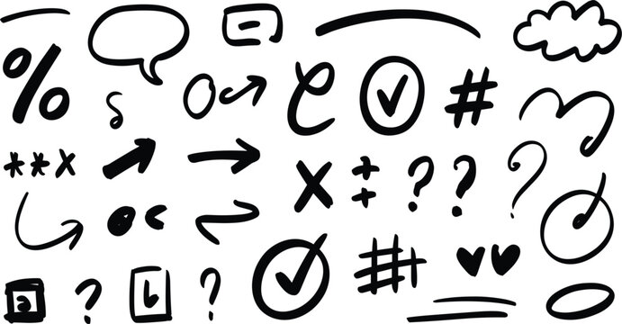 Hand drawn doodle and symbol vector set, collection of black ink arrows, checkmarks, speech bubbles, and decorative accents