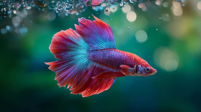 Vibrant red and blue betta fish swimming underwater with bubbles