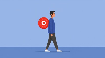 Young person walking with a red circular object on shoulder, illustration of casual style and modern life, minimalist art concept